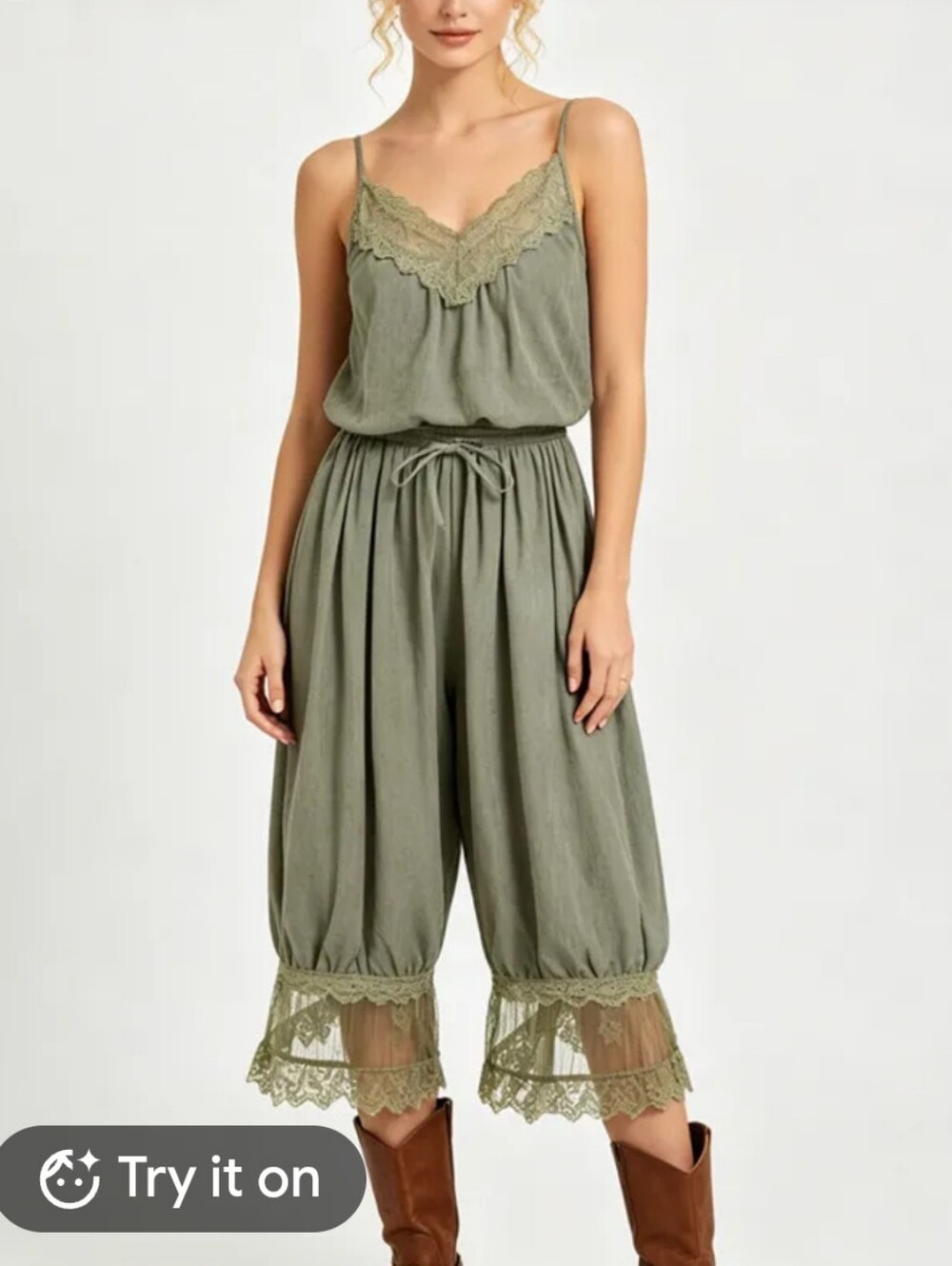 Cider Lace Trim Olive Green Cropped Jumpsuit NWT